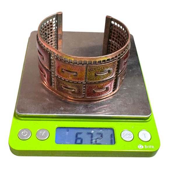 Vintage Matisse Renoir Copper Enamel Cuff Bracelet MCM Modern Grid Panel Design - Picture 8 of 11